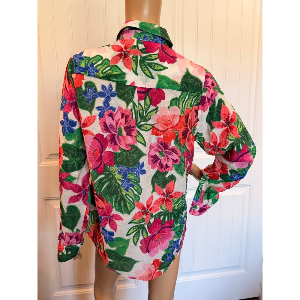 C by One Tropical Floral Button Down Shirt Pink Green XS Resort Vacation Miami - Picture 10 of 13